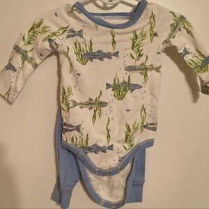 Burt's Bees Long-Sleeve Ocean Print One-Piece Bodysuit in White, Blue, and Green